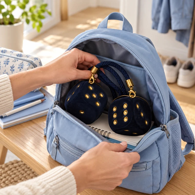 Zwei große navyblaue Safety Dice mit goldfarbenen Details im geöffneten blauen Schulrucksack